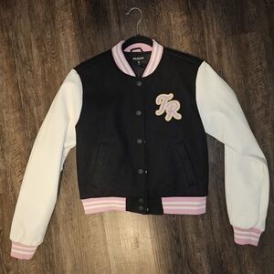 True Religion Black Varsity Jacket with White Sleeves and Pink Accents